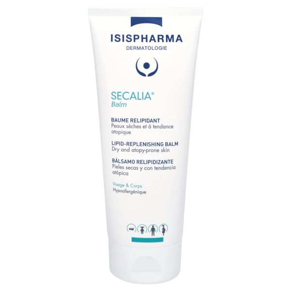 Bilde av Isispharma Secalia Balm i en elegant beholder, presentert med bakgrunn av naturlige ingredienser som sheasmør og solsikkeolje, som fremhever produktets fuktighetsgivende og beroligende egenskaper