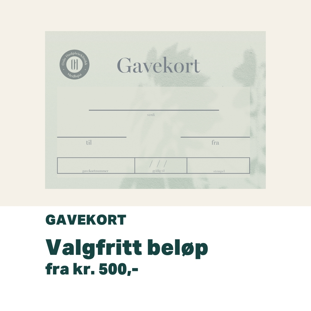 Gavekort i valgfritt beløp | Oslo Hudpleieklinikk Medispa Gavekort fra Oslo Hudpleieklinikk Medispa med felter for beløp, til og fra.
