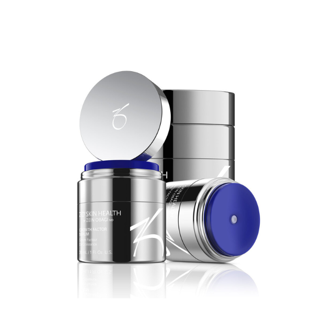 ZO Skin Health Growth Factor Serum "Bilde av ZO Skin Health Growth Factor Serum i en elegant flaske, presentert med bakgrunn av naturlige ingredienser som peptider og antioksidanter, som fremhever produktets anti-aging og hudforbedrende egenskaper.