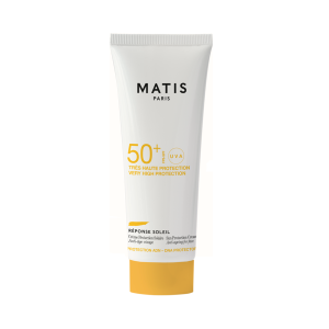 "Bilde av Matis Sun Protection Cream SPF 50+ i en stilren tube, demonstrerer produktets elegante emballasje og tydelig markering av SPF-verdien."