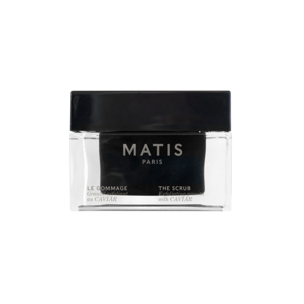"Bilde av Matis Caviar The Scrub i en elegant beholder, perfekt plassert mot en enkel bakgrunn for å fremheve den eksklusive naturen av produktet."