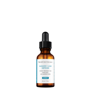 "Produktbilde av SkinCeuticals Blemish+Age Defense Serum, vist i en stilig dråpeflaske på en ren og profesjonell bakgrunn, ideell for å fremheve serumets effektivitet mot akne og aldring."