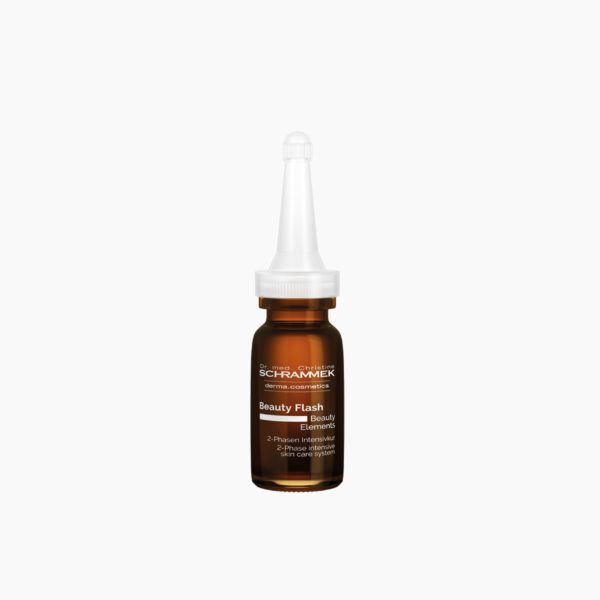 "Flaske av Dr. Schrammek Vitamin C Beauty Flash på en klar og enkel bakgrunn, perfekt for å revitalisere og jevne ut hudtonen"