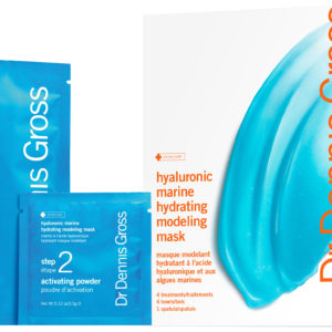"Viser Dr. Dennis Gross Hyaluronic Marine Hydrating Modeling Mask, pakket i sin karakteristiske blå og hvite emballasje, klar til å transformere din hudpleierutine."