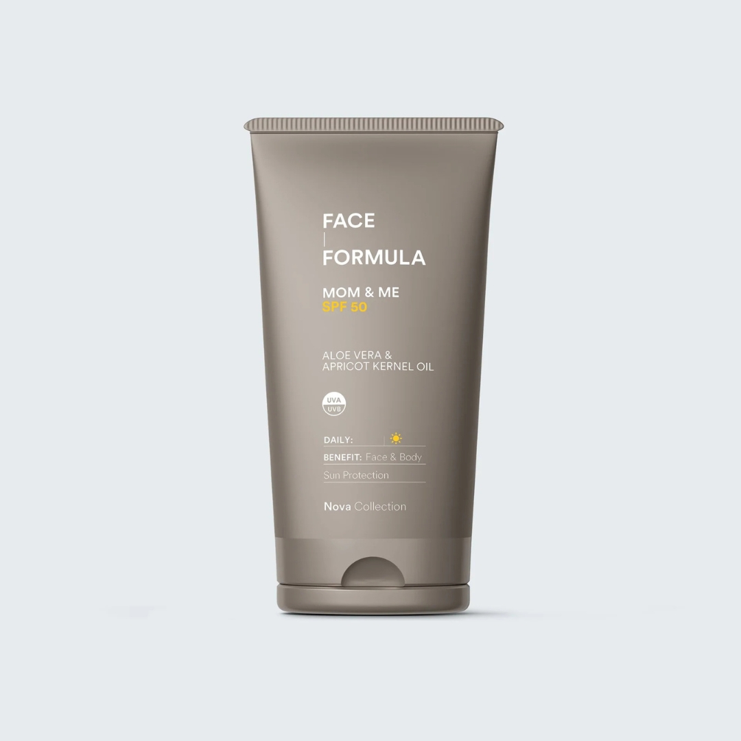 Face Formula Mom & Me SPF 50 Oslo Hudpleieklinikk Majorstua Klikk og Hent Face Formula Mom & Me SPF 50 – bredspektret mineralsolkrem med sinkoksid, squalane og hyaluronsyre for sensitiv og fuktfattig hud.